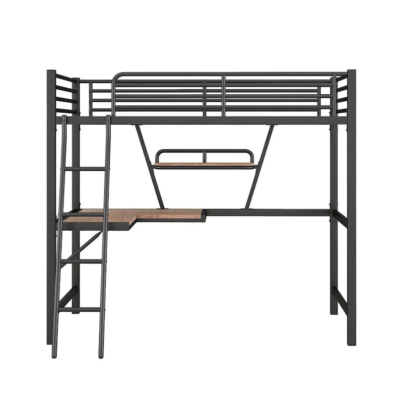 Cama alta de metal con escritorio en forma de L y estante