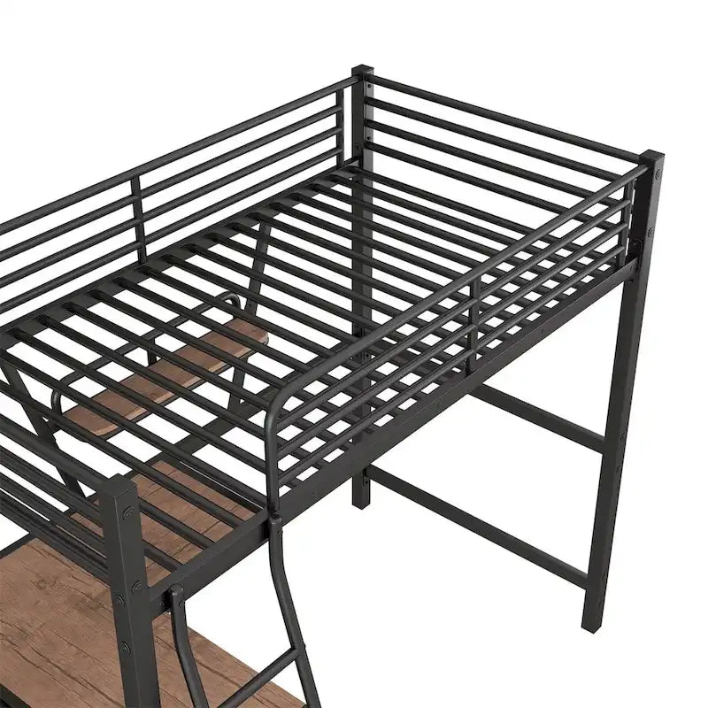 Cama alta de metal con escritorio en forma de L y estante