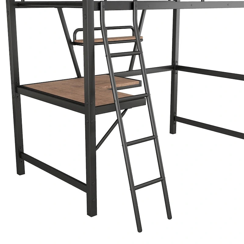 Cama alta de metal con escritorio en forma de L y estante