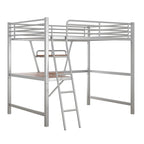 Cama alta de metal con escritorio en forma de L y estante