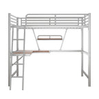 Cama alta de metal con escritorio en forma de L y estante