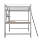 Cama alta de metal con escritorio en forma de L y estante