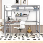 Cama alta de metal con escritorio en forma de L y estante