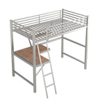 Cama alta de metal con escritorio en forma de L y estante
