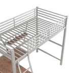 Cama alta de metal con escritorio en forma de L y estante