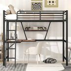 Cama alta de metal con escritorio en forma de L y estante