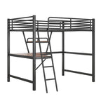 Cama alta de metal con escritorio en forma de L y estante