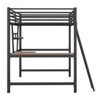Cama alta de metal con escritorio en forma de L y estante