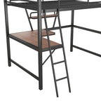 Cama alta de metal con escritorio en forma de L y estante