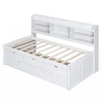 Cama Capitán de Madera Individual con Estanterías Incorporadas, Tres Cajones de Almacenamiento y Cama Nido, Acabado Blanco Lavado