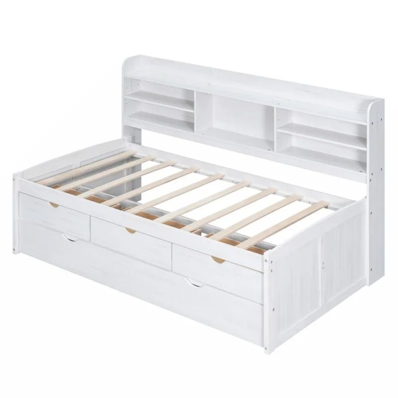 Cama Capitán de Madera Individual con Estanterías Incorporadas, Tres Cajones de Almacenamiento y Cama Nido, Acabado Blanco Lavado