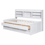 Cama Capitán de Madera Individual con Estanterías Incorporadas, Tres Cajones de Almacenamiento y Cama Nido, Acabado Blanco Lavado