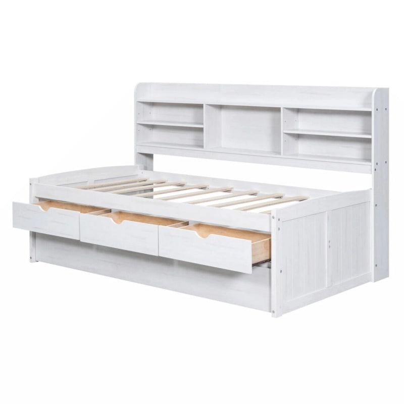 Cama Capitán de Madera Individual con Estanterías Incorporadas, Tres Cajones de Almacenamiento y Cama Nido, Acabado Blanco Lavado