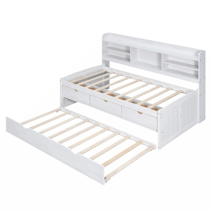 Cama Capitán de Madera Individual con Estanterías Incorporadas, Tres Cajones de Almacenamiento y Cama Nido, Acabado Blanco Lavado