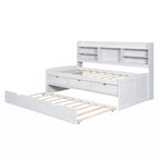 Cama Capitán de Madera Individual con Estanterías Incorporadas, Tres Cajones de Almacenamiento y Cama Nido, Acabado Blanco Lavado
