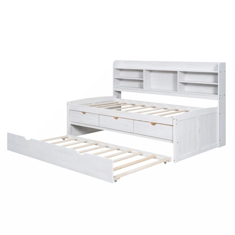 Cama Capitán de Madera Individual con Estanterías Incorporadas, Tres Cajones de Almacenamiento y Cama Nido, Acabado Blanco Lavado