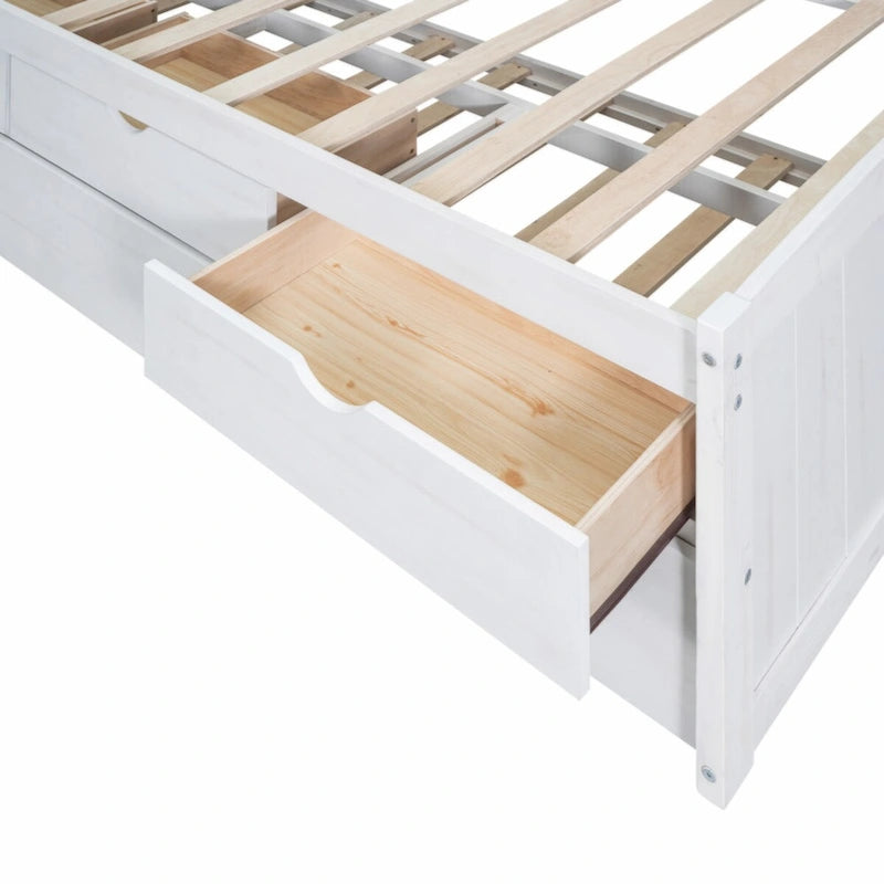 Cama Capitán de Madera Individual con Estanterías Incorporadas, Tres Cajones de Almacenamiento y Cama Nido, Acabado Blanco Lavado