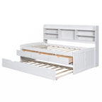 Cama Capitán de Madera Individual con Estanterías Incorporadas, Tres Cajones de Almacenamiento y Cama Nido, Acabado Blanco Lavado