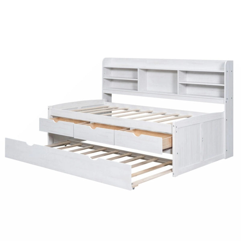 Cama Capitán de Madera Individual con Estanterías Incorporadas, Tres Cajones de Almacenamiento y Cama Nido, Acabado Blanco Lavado