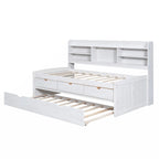 Cama Capitán de Madera Individual con Estanterías Incorporadas, Tres Cajones de Almacenamiento y Cama Nido, Acabado Blanco Lavado