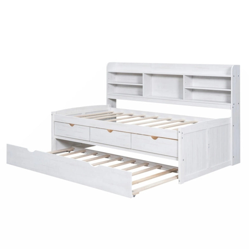 Cama Capitán de Madera Individual con Estanterías Incorporadas, Tres Cajones de Almacenamiento y Cama Nido, Acabado Blanco Lavado
