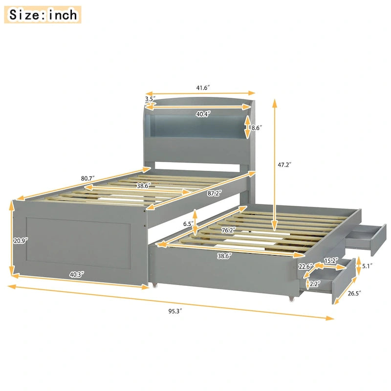 Cama de plataforma Twin XL con cabecero LED de almacenamiento, estación de carga, nido tamaño Twin y 2 cajones