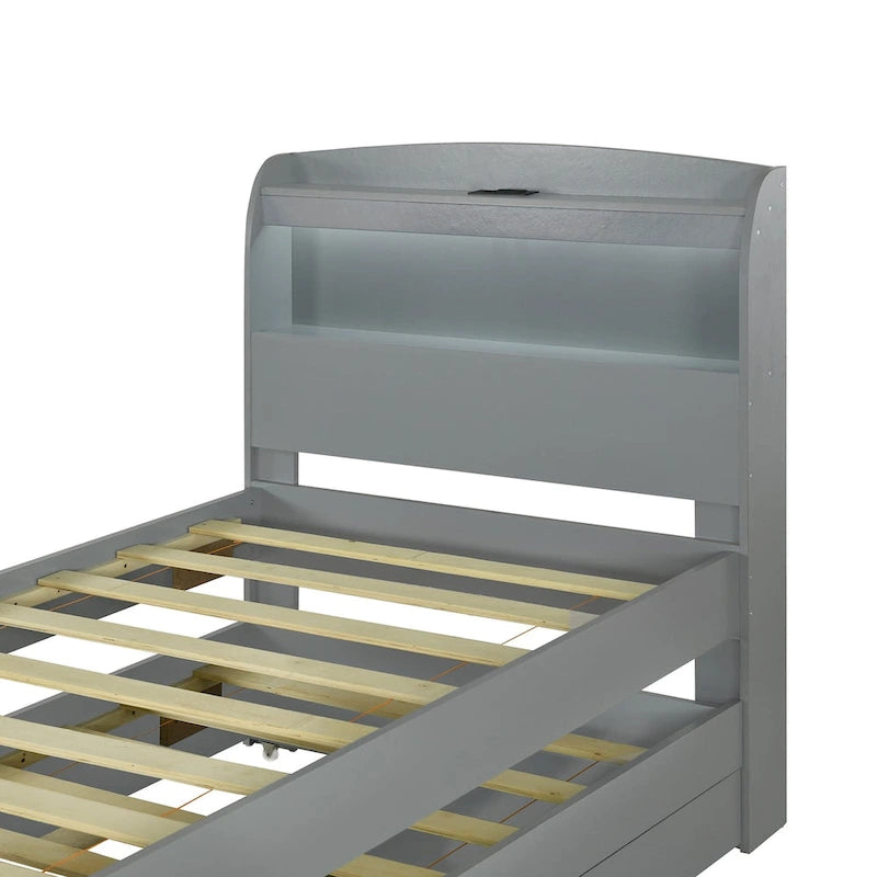 Cama de plataforma Twin XL con cabecero LED de almacenamiento, estación de carga, nido tamaño Twin y 2 cajones