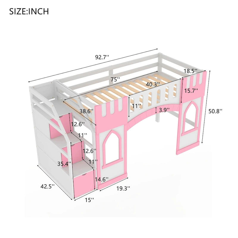 Cama alta individual con escalera de almacenamiento y ventana