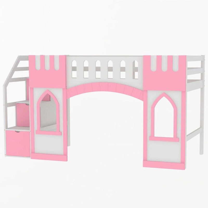 Cama alta individual con escalera de almacenamiento y ventana