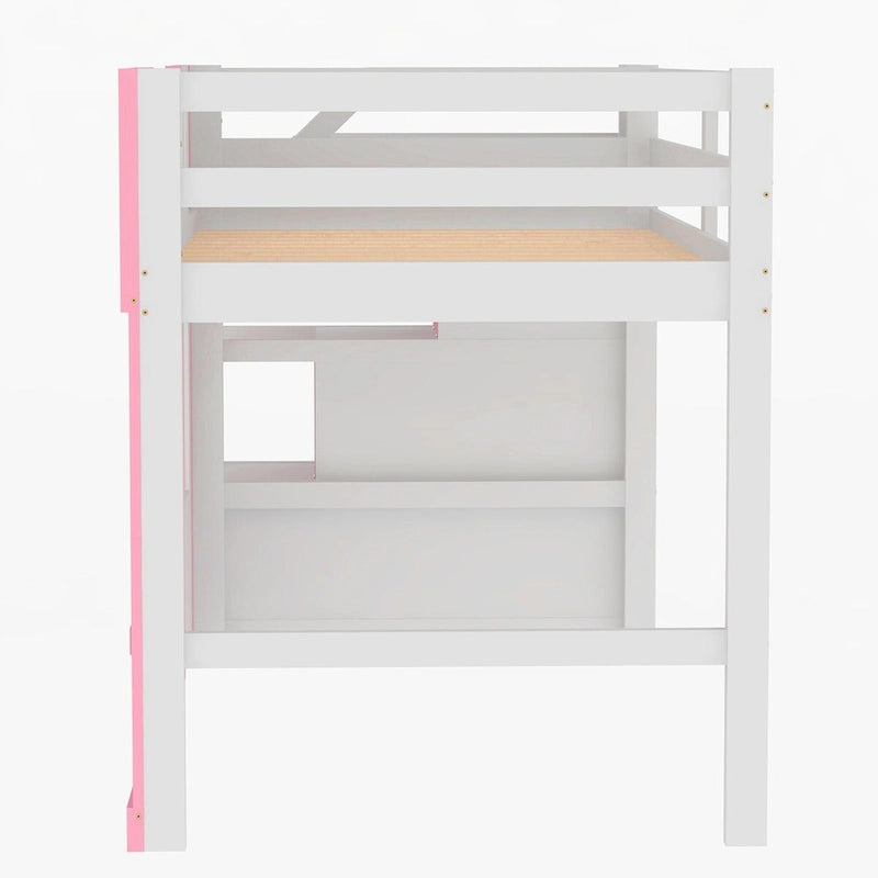 Cama alta individual con escalera de almacenamiento y ventana