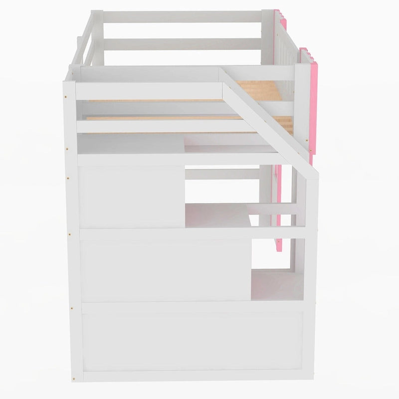 Cama alta individual con escalera de almacenamiento y ventana