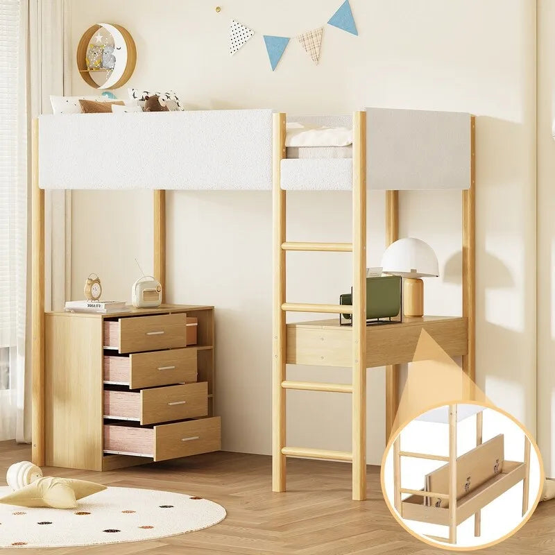 Cama alta Twin de forro polar Teddy con escritorio y cajones