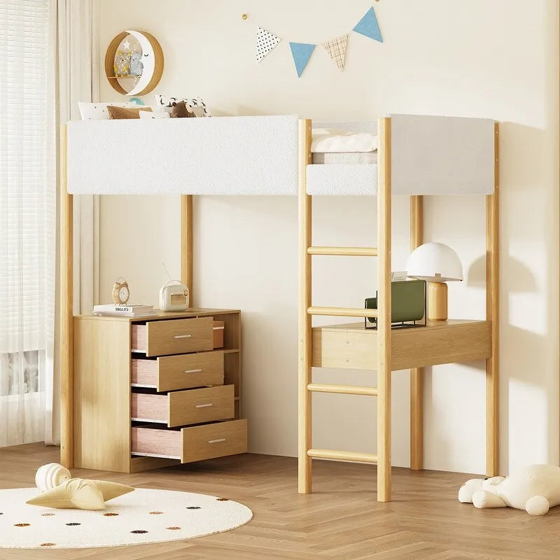 Cama alta Twin de forro polar Teddy con escritorio y cajones