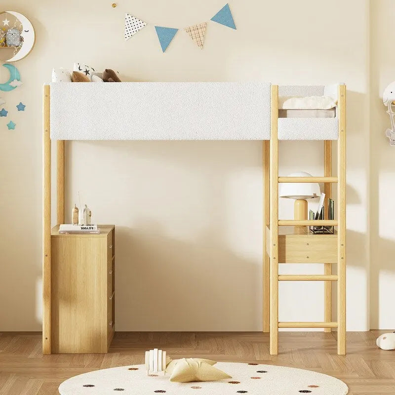 Cama alta Twin de forro polar Teddy con escritorio y cajones