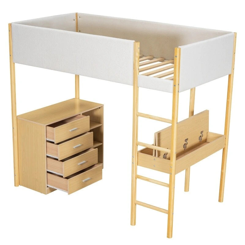 Cama alta Twin de forro polar Teddy con escritorio y cajones