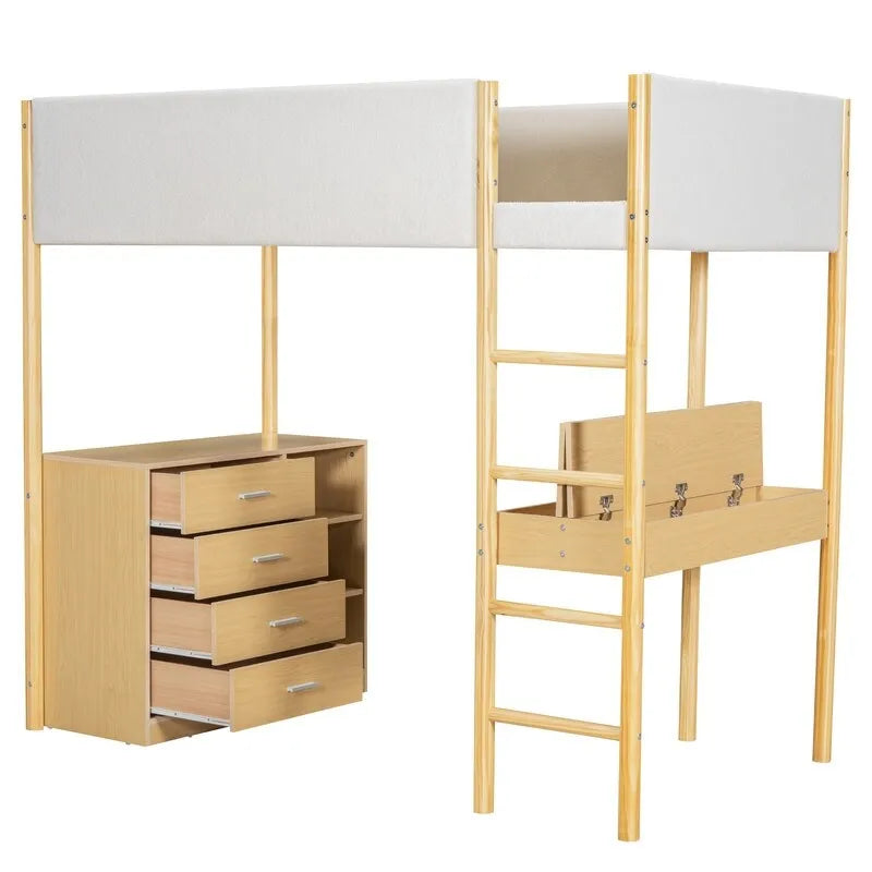 Cama alta Twin de forro polar Teddy con escritorio y cajones
