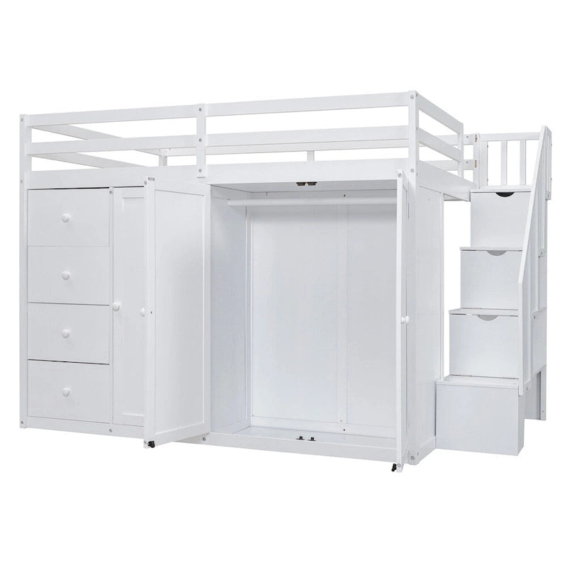Cama alta de madera tamaño matrimonial con armarios, gabinetes y cajones incorporados