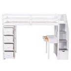 Cama alta de madera doble con cajones de almacenamiento, escritorio, escaleras de almacenamiento, estantes