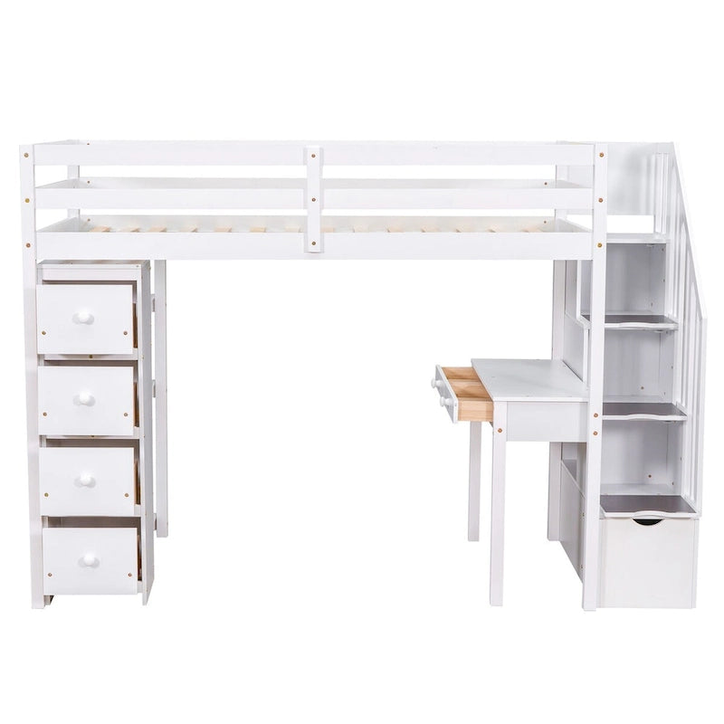 Cama alta de madera doble con cajones de almacenamiento, escritorio, escaleras de almacenamiento, estantes