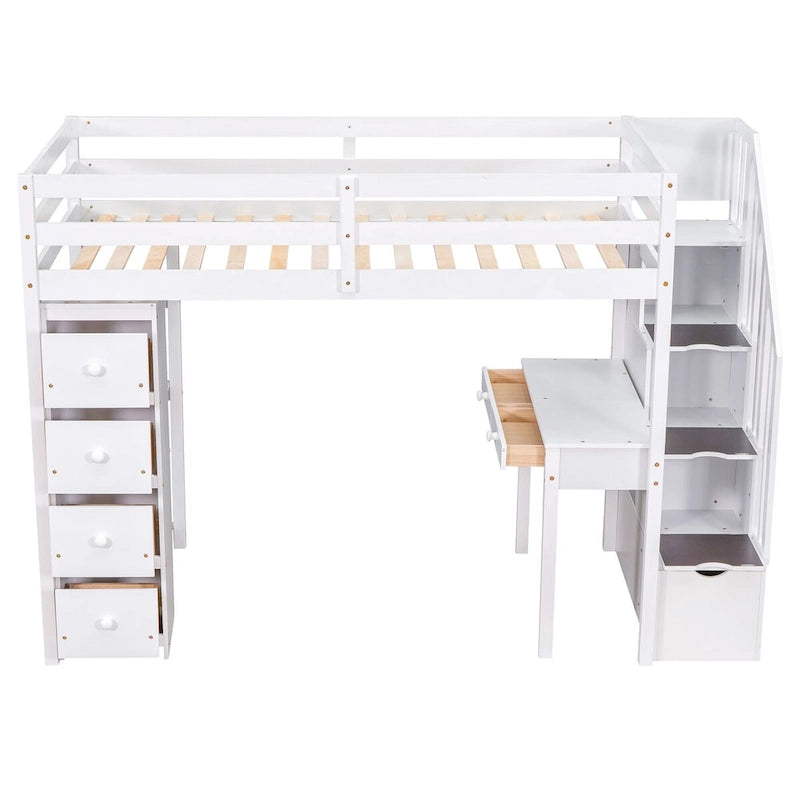 Cama alta de madera doble con cajones de almacenamiento, escritorio, escaleras de almacenamiento, estantes