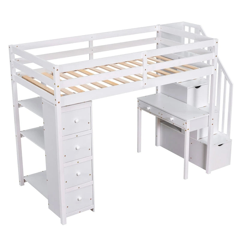 Cama alta de madera doble con cajones de almacenamiento, escritorio, escaleras de almacenamiento, estantes