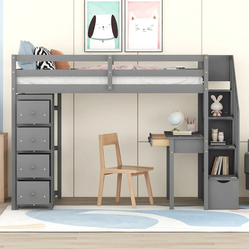 Cama alta de madera doble con cajones de almacenamiento, escritorio, escaleras de almacenamiento, estantes