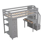 Cama alta de madera doble con cajones de almacenamiento, escritorio, escaleras de almacenamiento, estantes