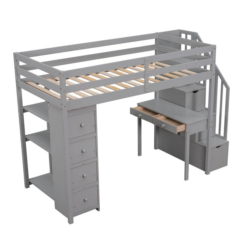 Cama alta de madera doble con cajones de almacenamiento, escritorio, escaleras de almacenamiento, estantes