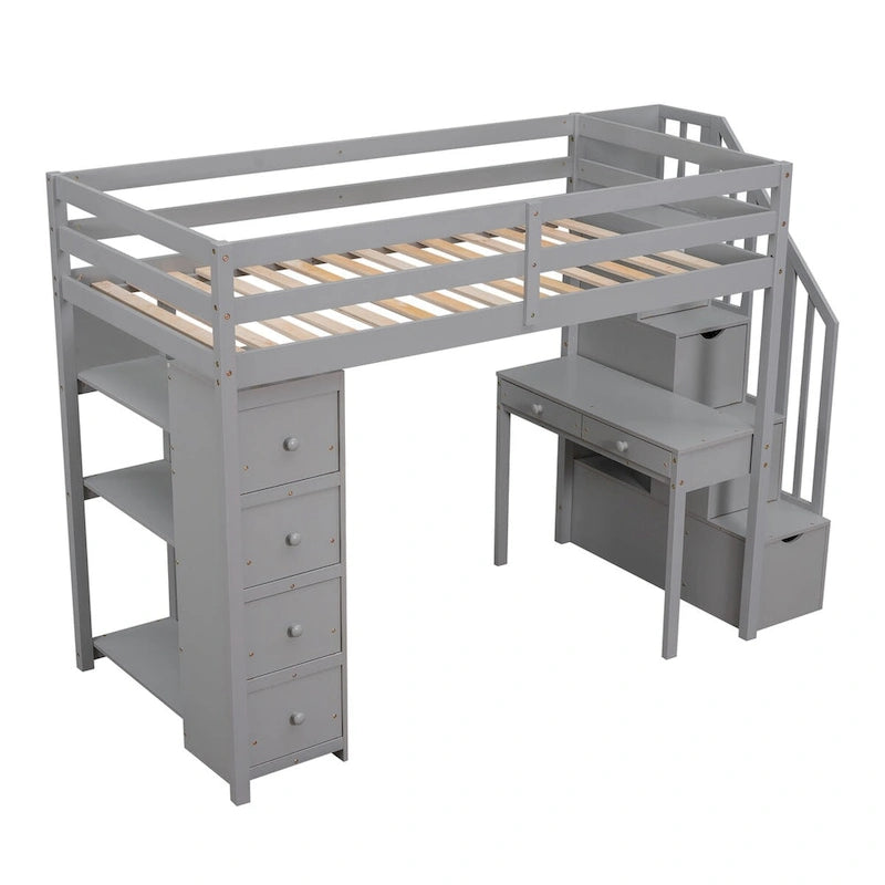 Cama alta de madera doble con cajones de almacenamiento, escritorio, escaleras de almacenamiento, estantes