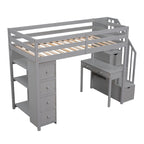 Cama alta de madera doble con cajones de almacenamiento, escritorio, escaleras de almacenamiento, estantes