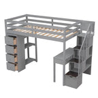 Cama alta de madera doble con cajones de almacenamiento, escritorio, escaleras de almacenamiento, estantes