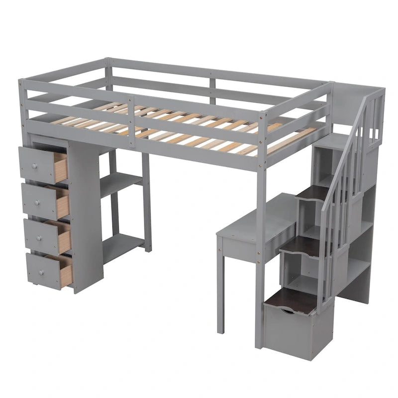 Cama alta de madera doble con cajones de almacenamiento, escritorio, escaleras de almacenamiento, estantes