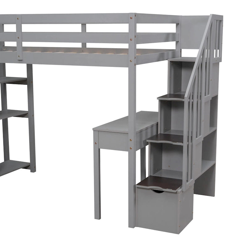 Cama alta de madera doble con cajones de almacenamiento, escritorio, escaleras de almacenamiento, estantes