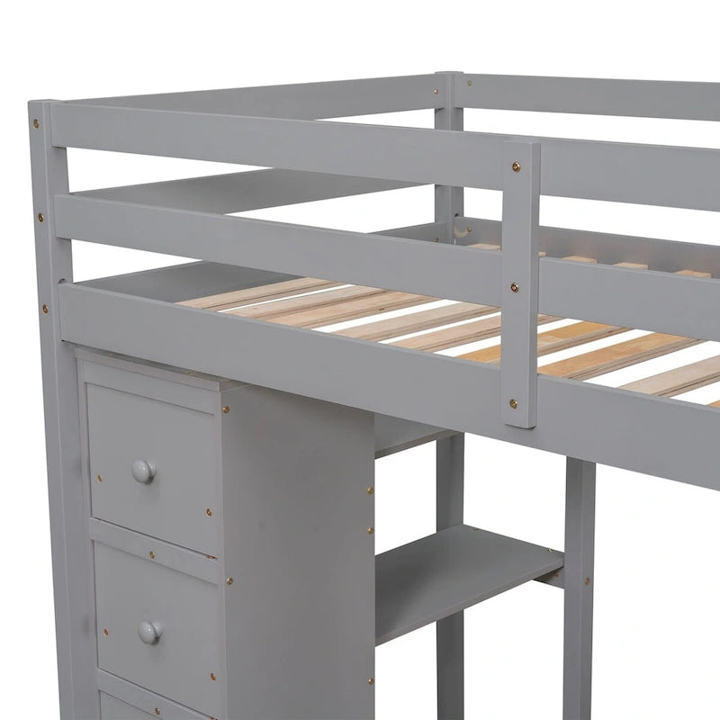 Cama alta de madera doble con cajones de almacenamiento, escritorio, escaleras de almacenamiento, estantes
